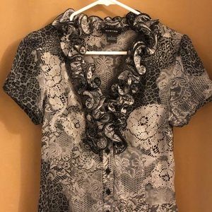 LAST CHANCE SPENSE Black Gray Silky Leopard Lace Ruffle blouse